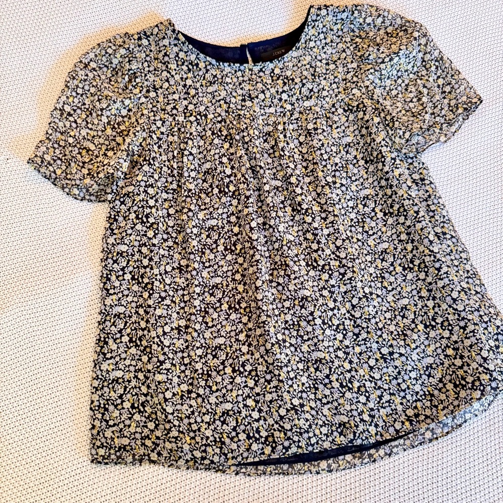 J. CREW Chiffon Silk Gold Metallic Black & White Blouse Floral Top - Picture 3 of 16